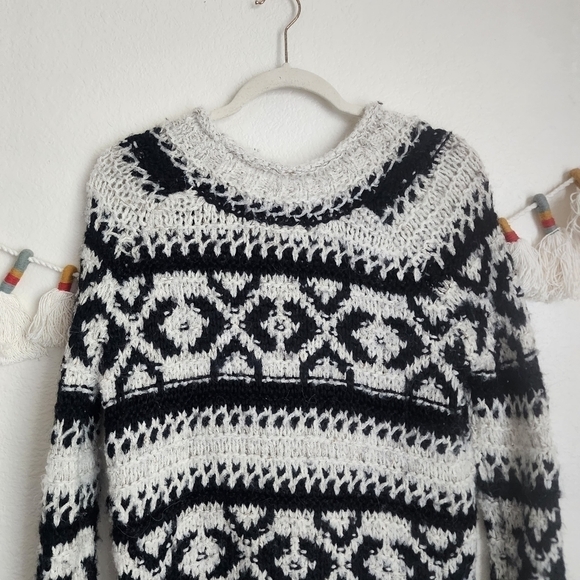 Free People Wool Blend Open Knit Aztec Boho Print Crewneck Pullover XS White - Picture 3 of 11